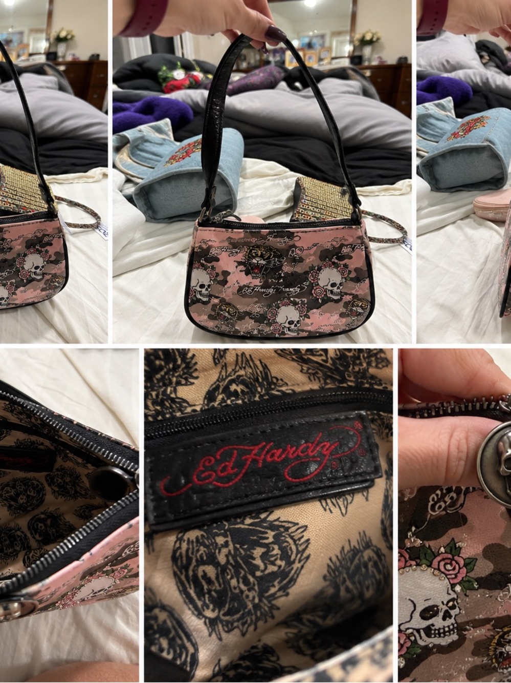 Ed Hardy Pink Skull & Rose Shoulder Bag with Black Trim